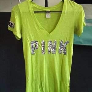 PINK Victoria's Secret Lime Green Sequin Logo Tee